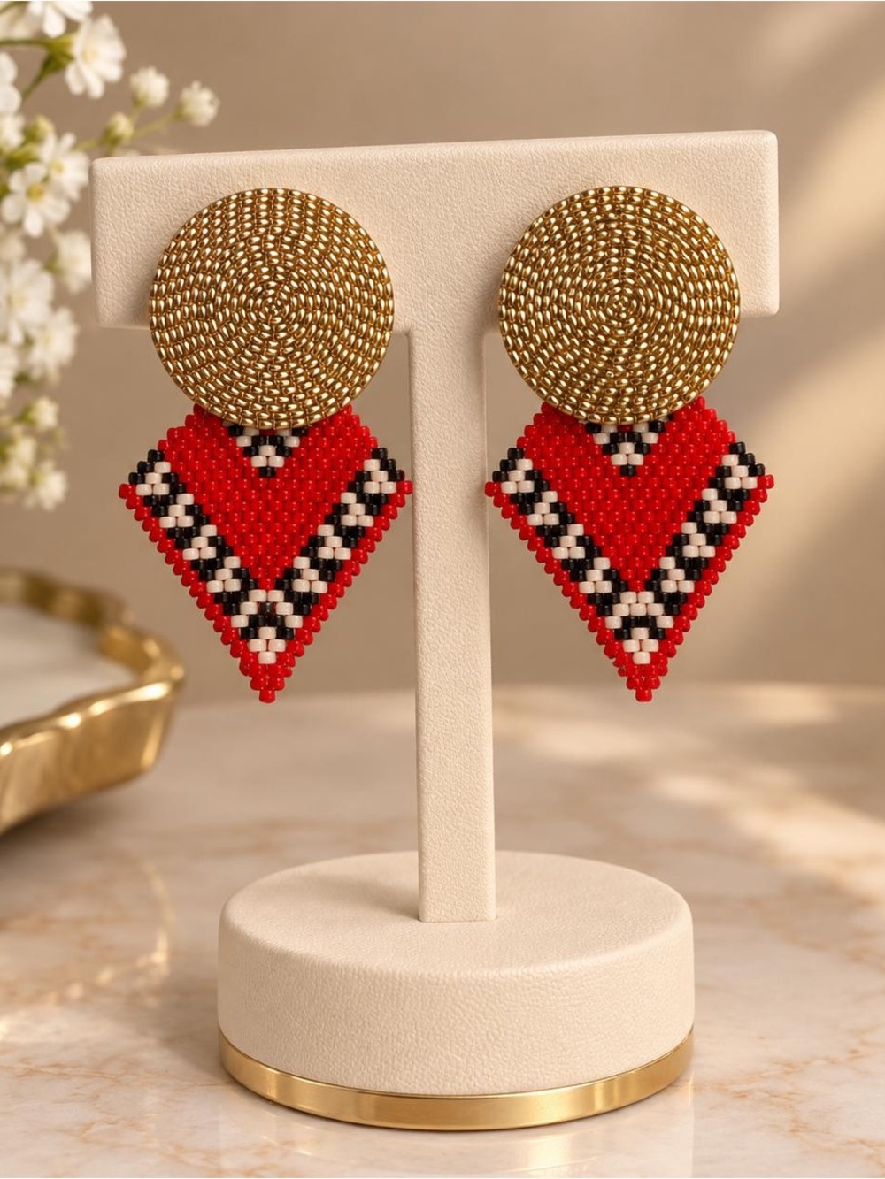 Handmade Red Miyuki Earrings with Golden Disc (steel)